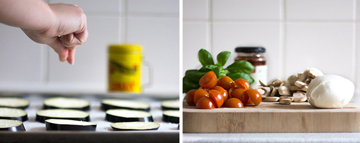 aubergine mini-pizza, de første trin